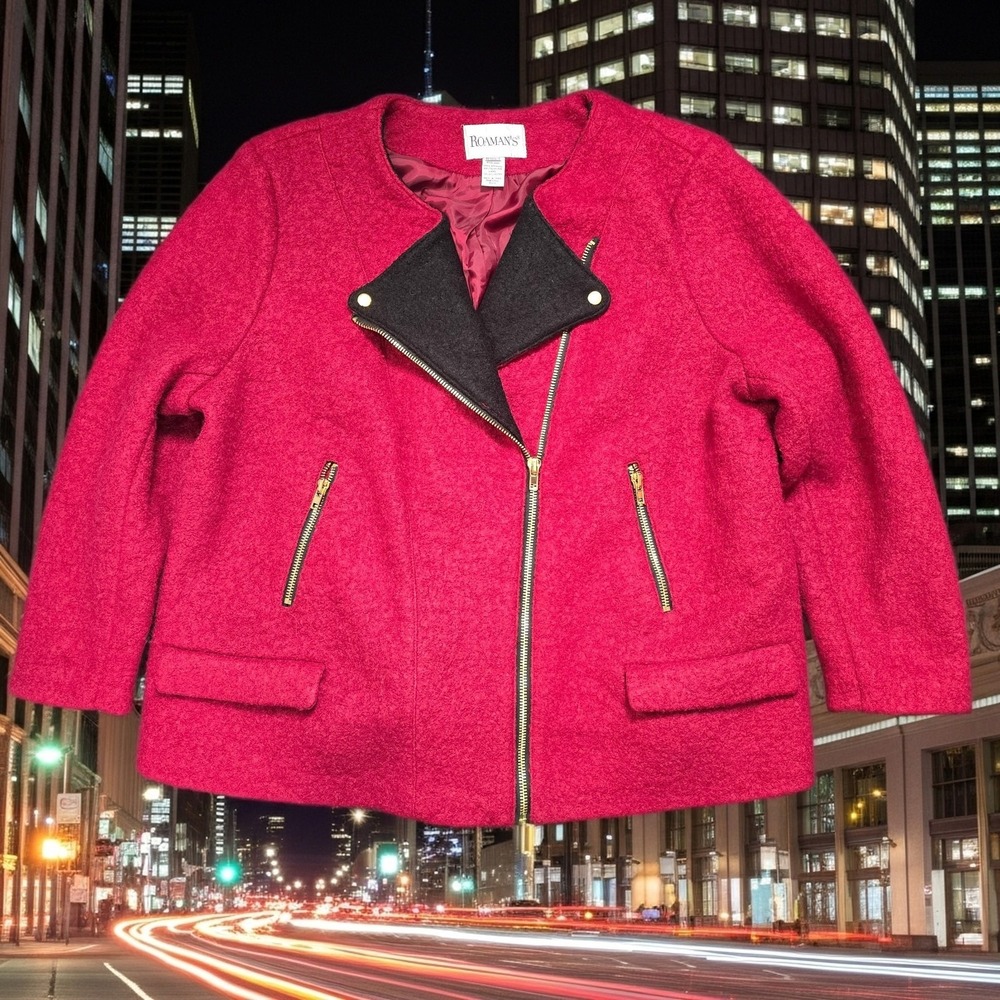 Roaman's 26W Red Wool‎ Blend Moto Jacket Boucle Zip Plus Size Coat